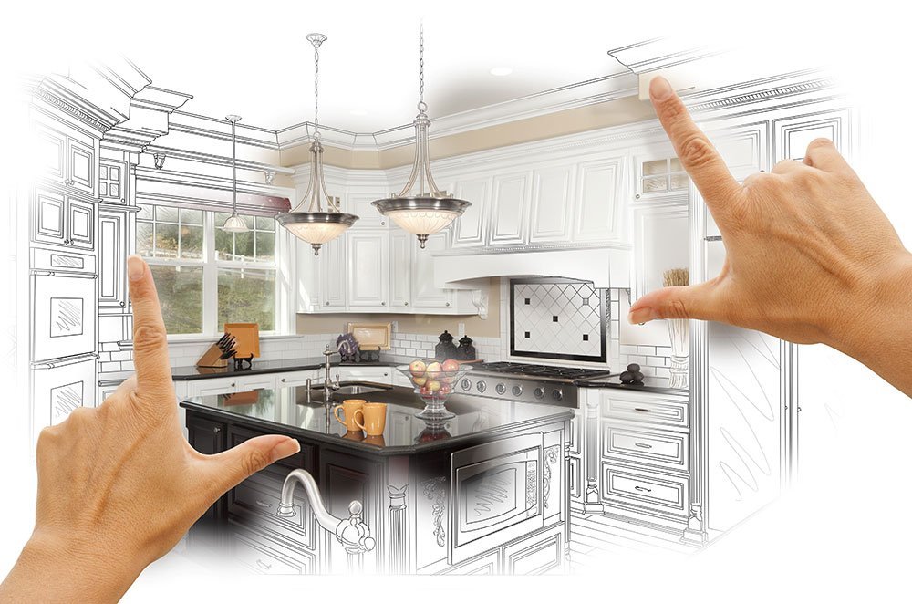 A drawing of a kitchen undergoing a home remodel, with two hands pointing at it.