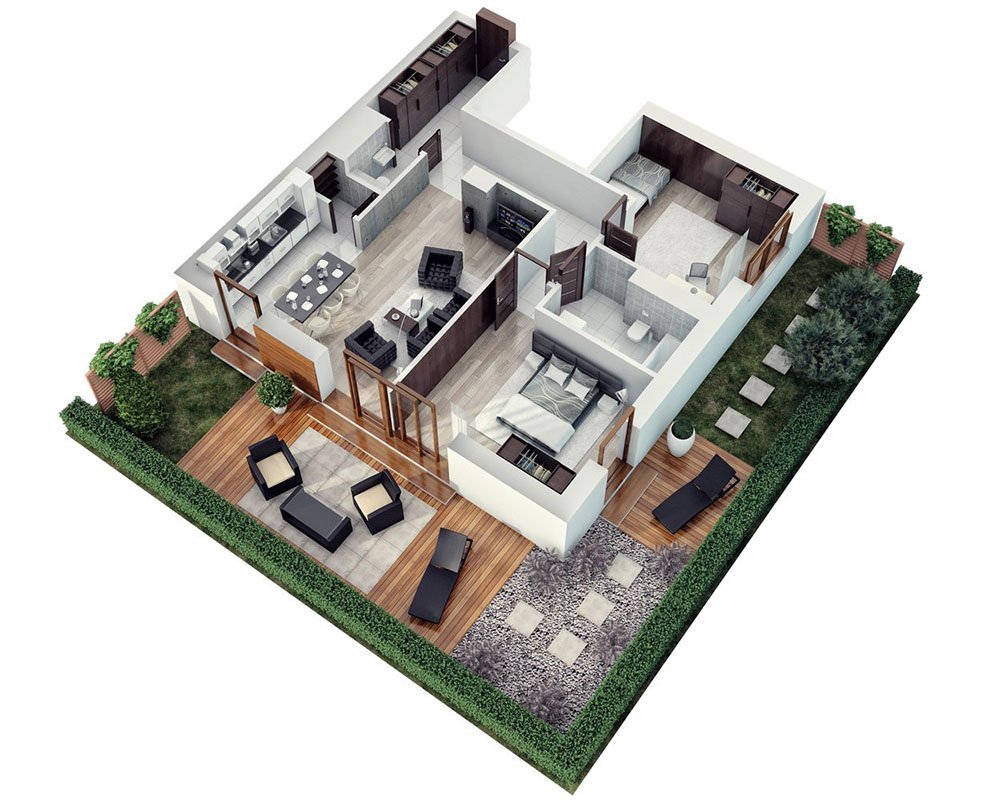 A 3D floor plan of a two bedroom apartment created with 3D modeling.