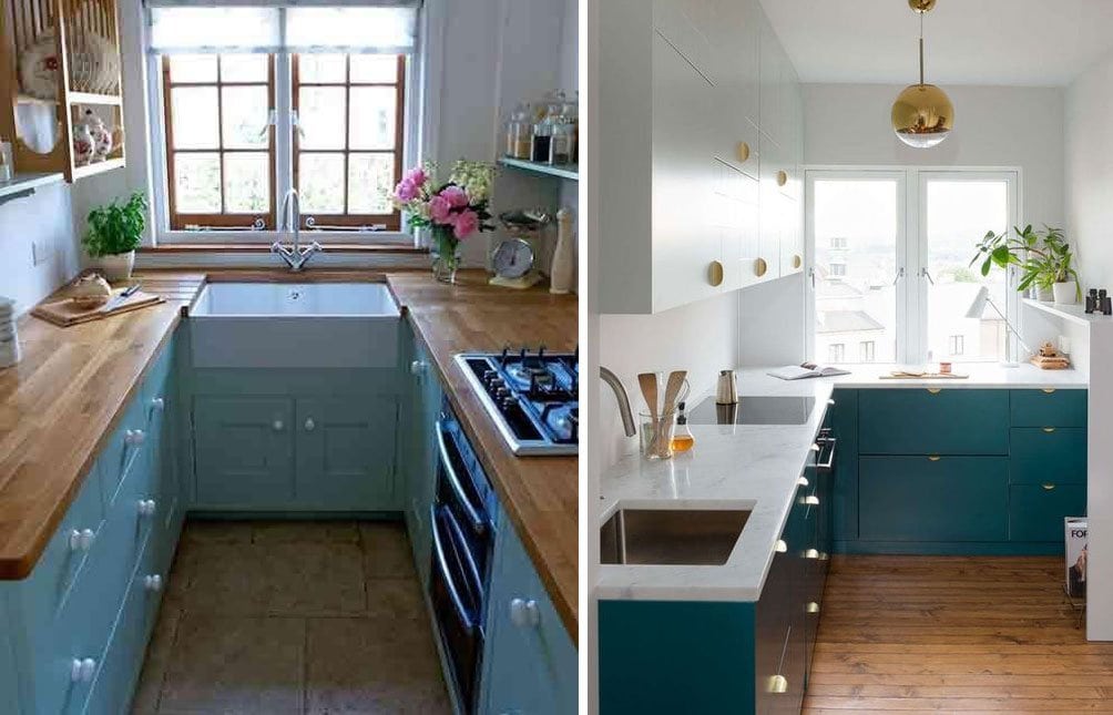 Two pictures of a kitchen with blue cabinets and a sink, showcasing a stunning kitchen remodel.