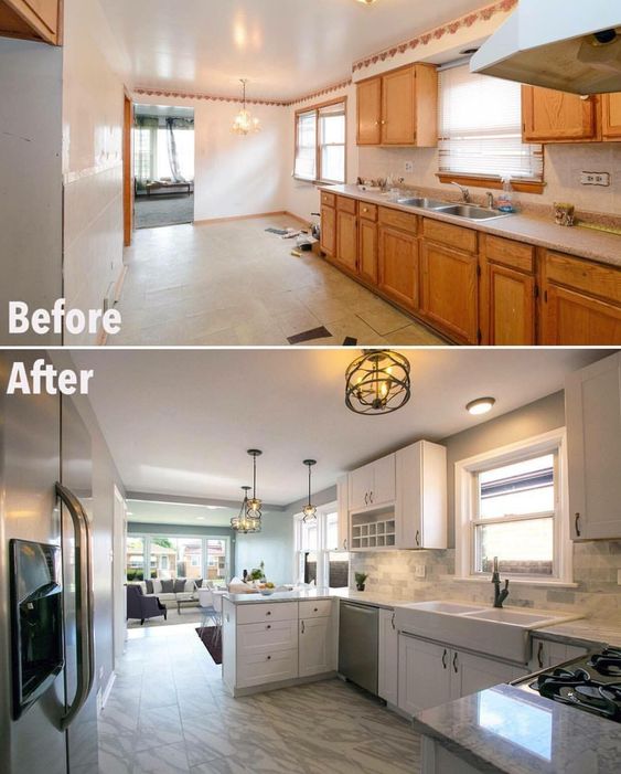 A home renovation of a kitchen, showcasing the before and after transformation.