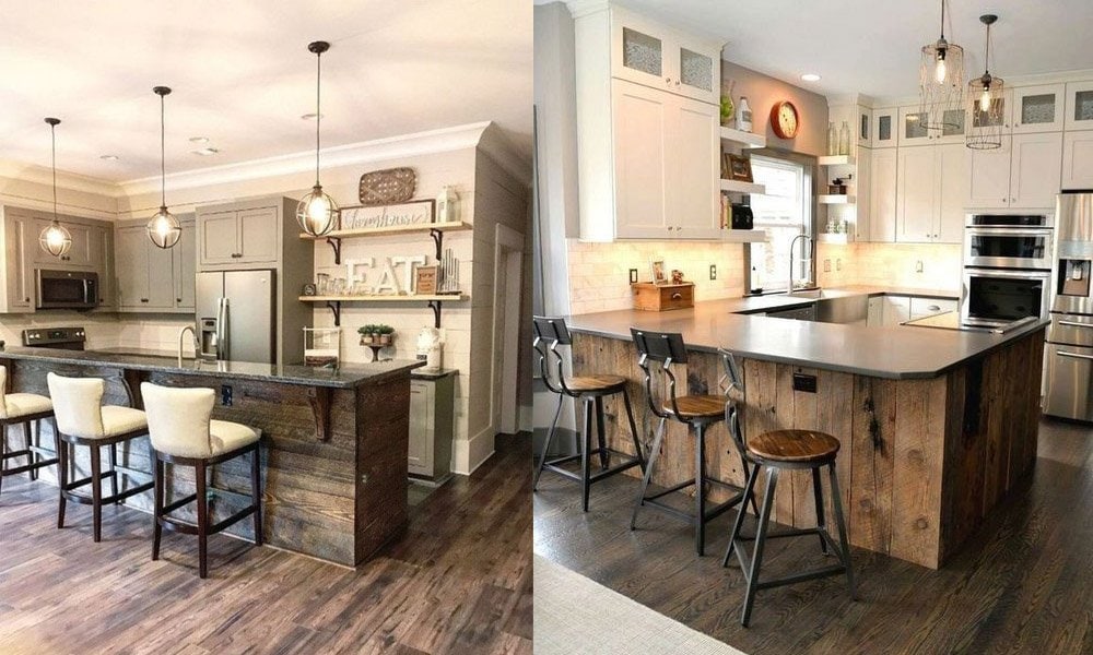 Two pictures showcasing a kitchen renovation with stylish stools at the bar.