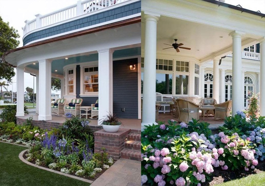 Two pictures of a house with a porch and flowers undergoing remodeling.