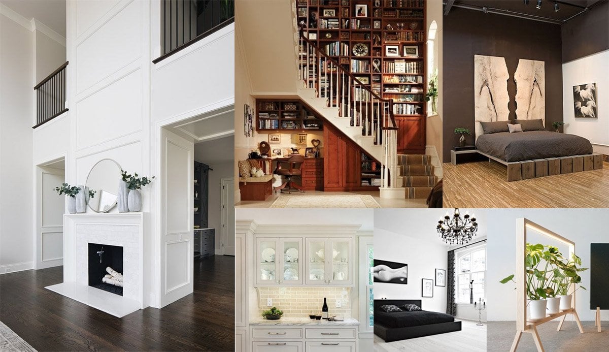 A collage of pictures showcasing the remodel of a living room with a fireplace and bookshelves.