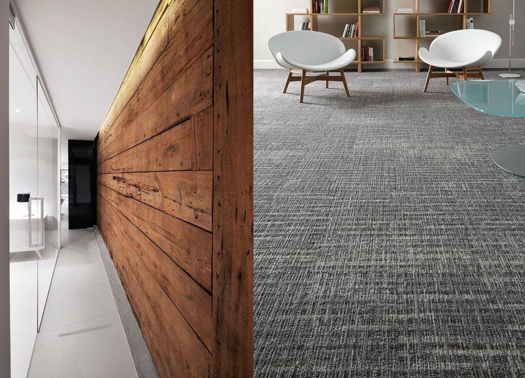A home remodeling project transformed a living room with a wooden floor into a cozy space with the addition of a stylish grey carpet.