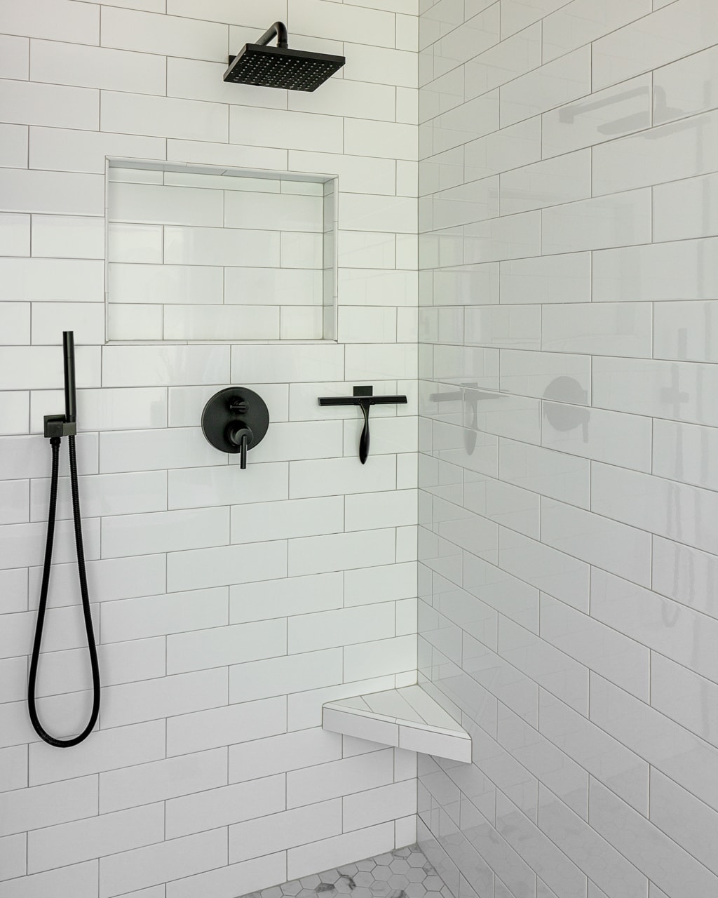 tile shower with niche and corner shelf