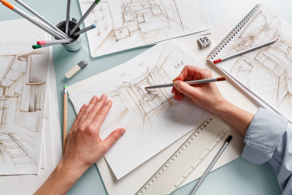 Interior designer making hand drawing pencil sketch of a diy bathroom remodel