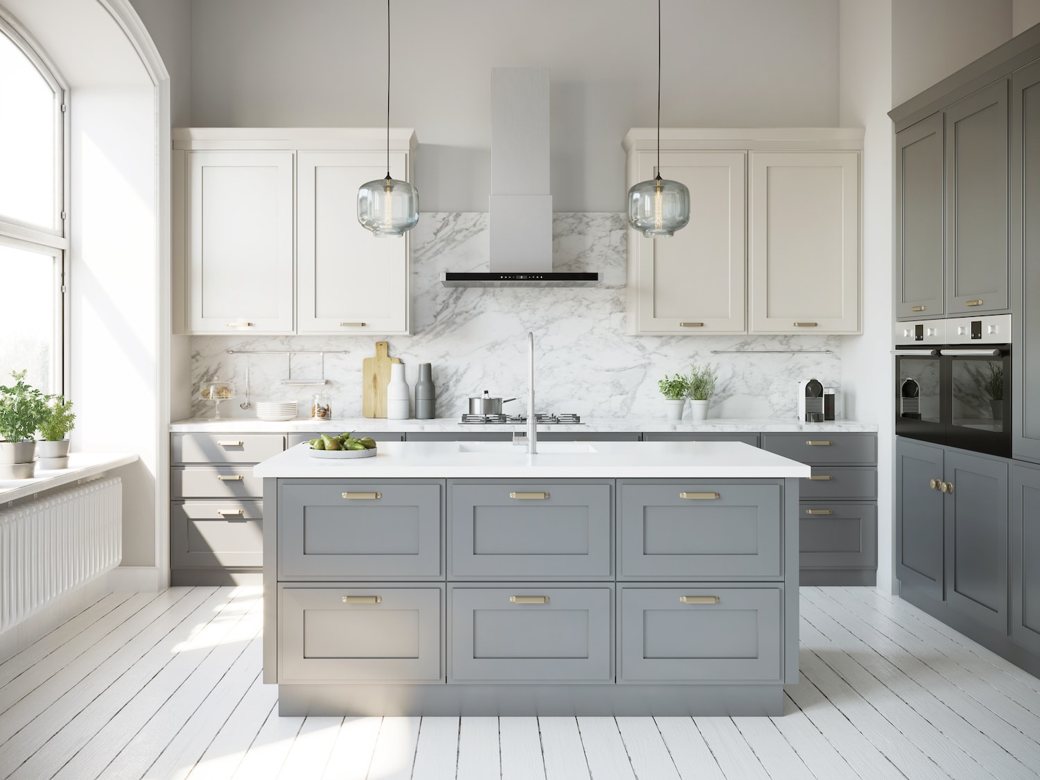 A kitchen with grimes grey and white cabinets and a white island.