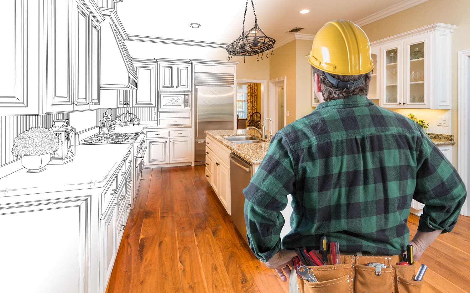 kitchen remodel contractors des moines contractor in hardhat envisioning a new kitchen design