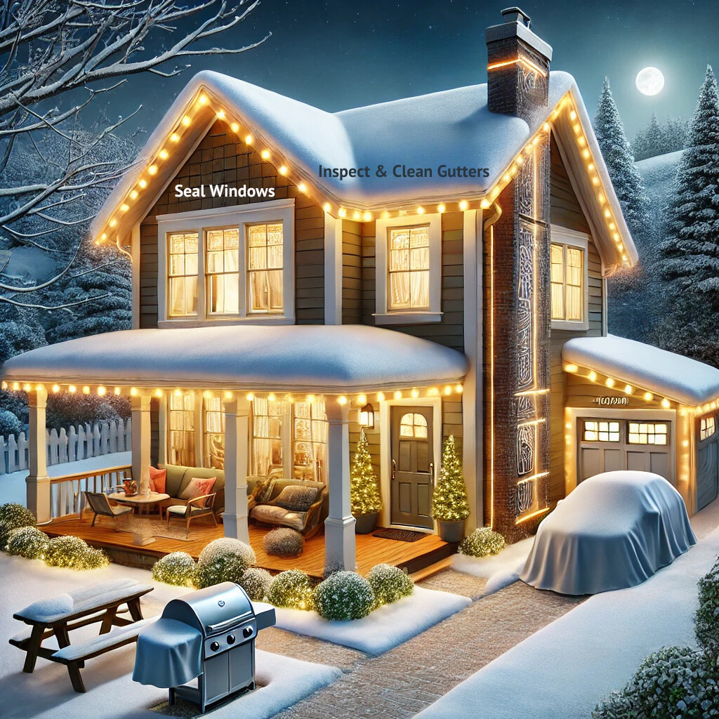 house with snow and christmas light with handyman tips